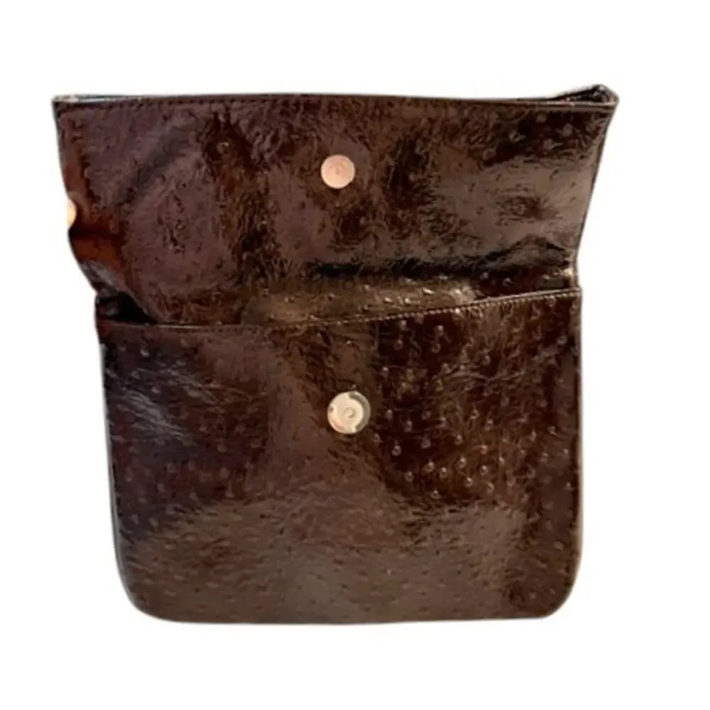 Nordstrom Brown Ostrich Embossed Faux Leather Foldover Clutch Bag Handbag EUC